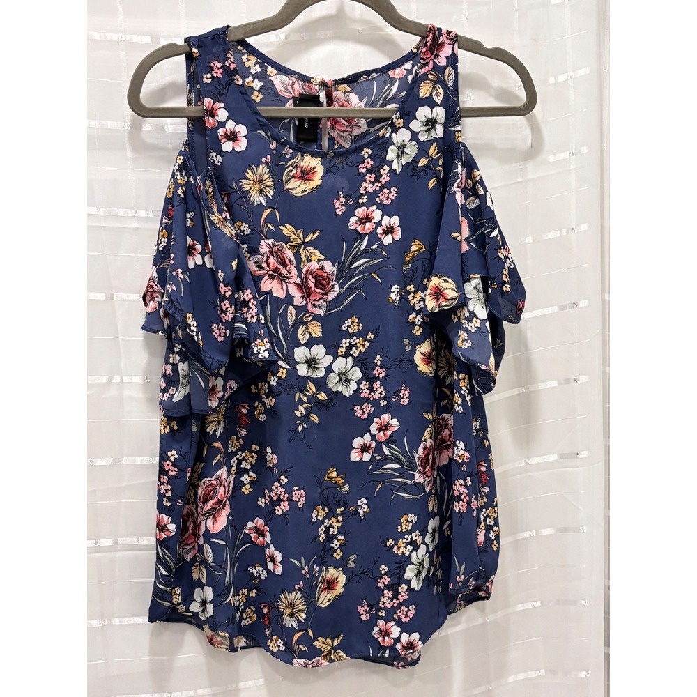 B-Wear Navy Blue Floral Cold Shoulder Ruffle Sleeve Blouse Large